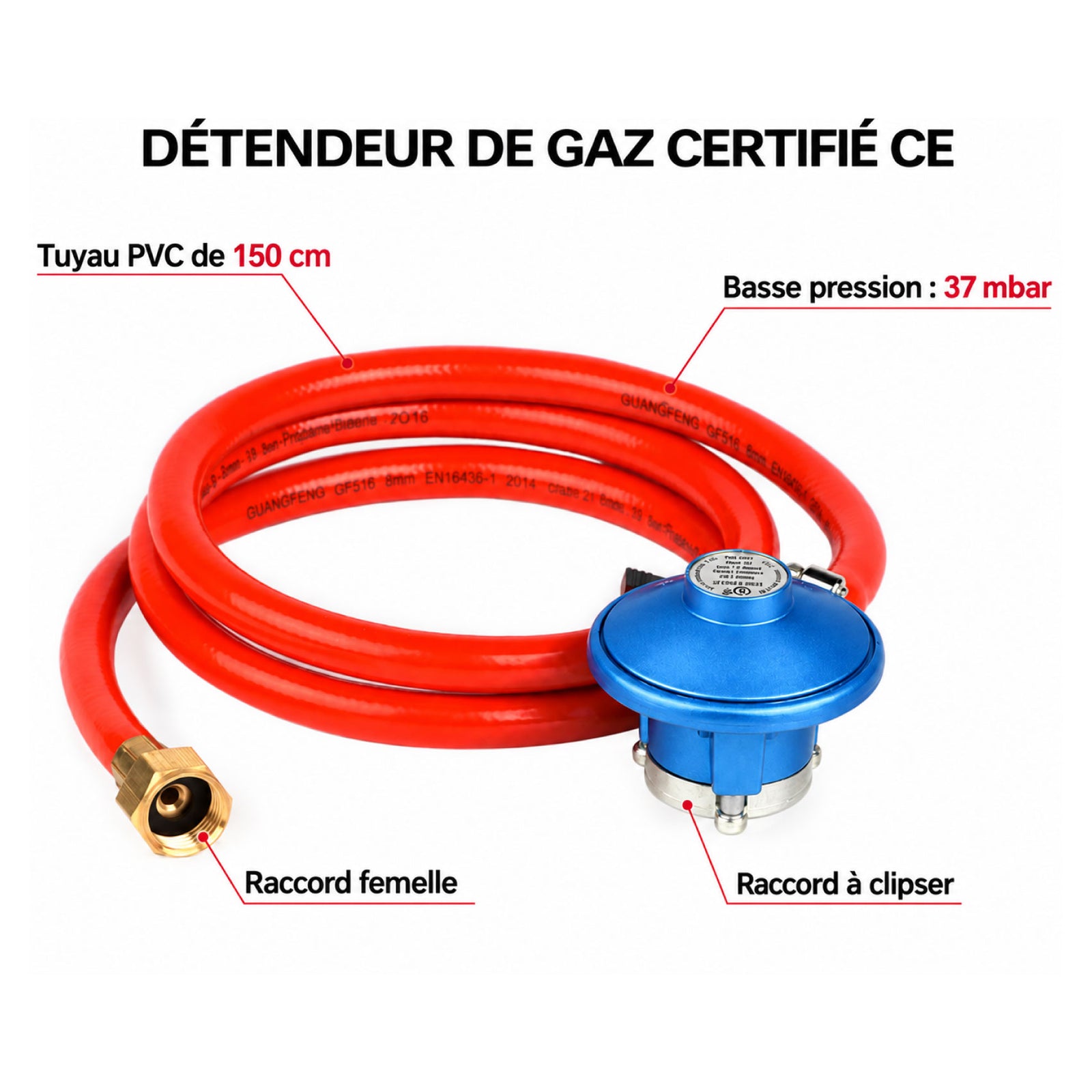 Tuyau de gaz 150 cm avec détendeur 37 mbar Camplux